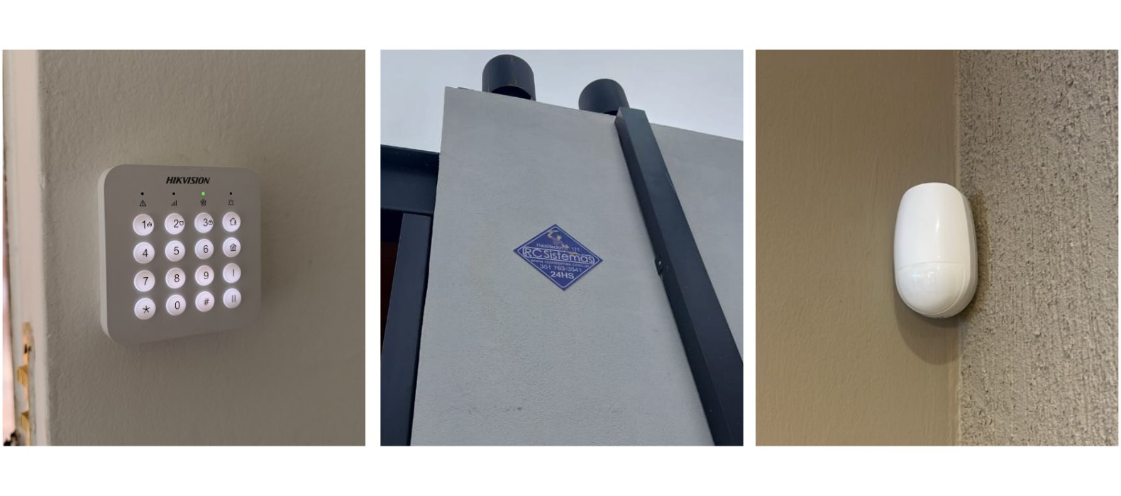 Sensor de movimiento exterior sobre la pared de una vivienda, cartel de RC Sistemas con la habilitación N° 171 sobre un frente de chapa, y sirena interior en el ángulo del techo