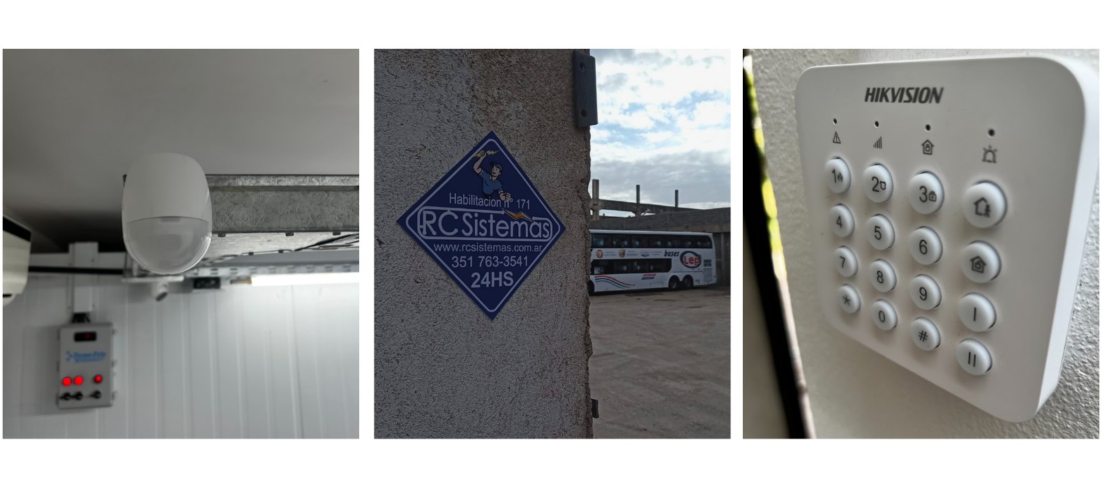 Sirena exterior Hikvision, cartel de RC Sistemas con la habilitación N° 171 y sensor de movimiento, los tres sobre pared de ladrillo