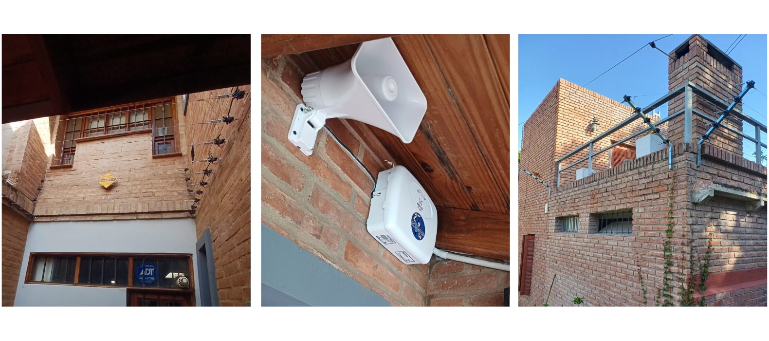 Cerco eléctrico sobre el frente de una vivienda de ladrillo, sirena y central bajo un alero de madera, y cerco sobre la terraza