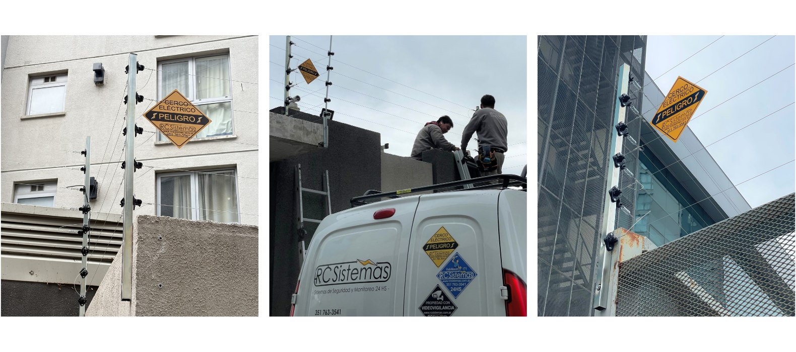 Cerco eléctrico sobre la medianera de un edificio de departamentos, técnicos de RC Sistemas instalando desde el techo de la camioneta, y cerco sobre la reja de un edificio vidriado