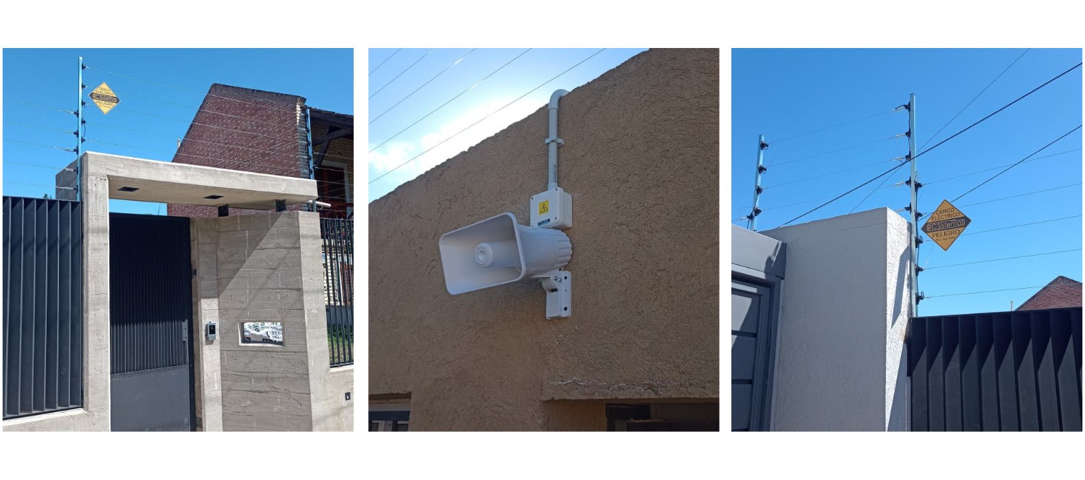 Cerco eléctrico sobre el acceso de una vivienda con portón, sirena exterior montada sobre la pared, y cerco con cartel de peligro sobre un muro con portón