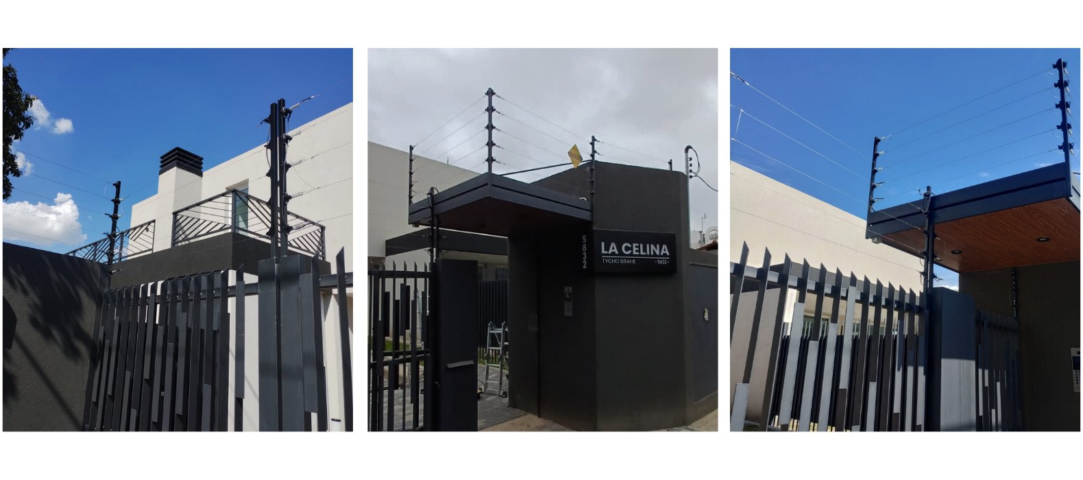Cerco eléctrico sobre la reja perimetral de una vivienda, sobre el frente de un edificio con rejas negras, y sobre la reja de acceso de un edificio