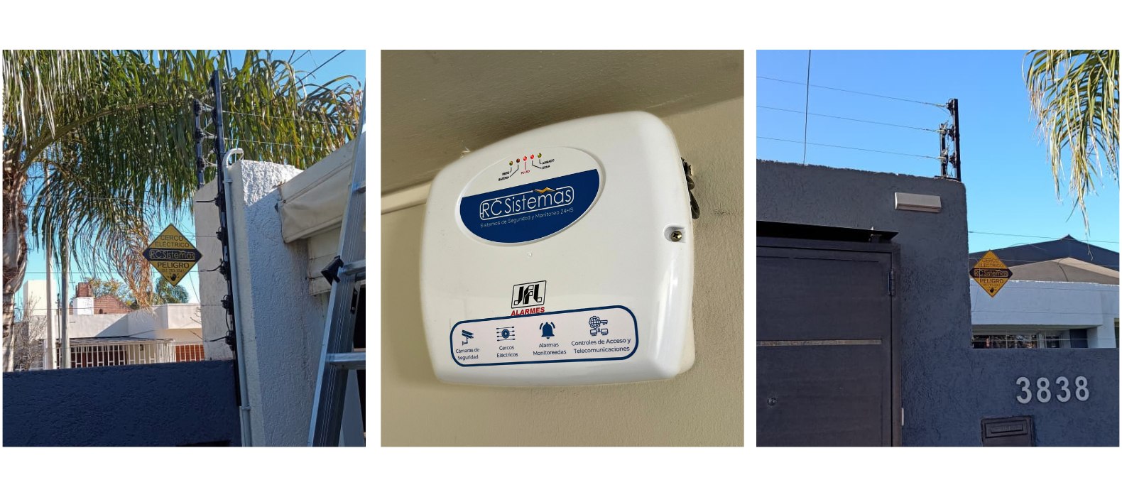 Cerco eléctrico recién instalado sobre un muro con la escalera del técnico, central JFL con la etiqueta de RC Sistemas, y cerco con cartel de peligro sobre el frente de una vivienda